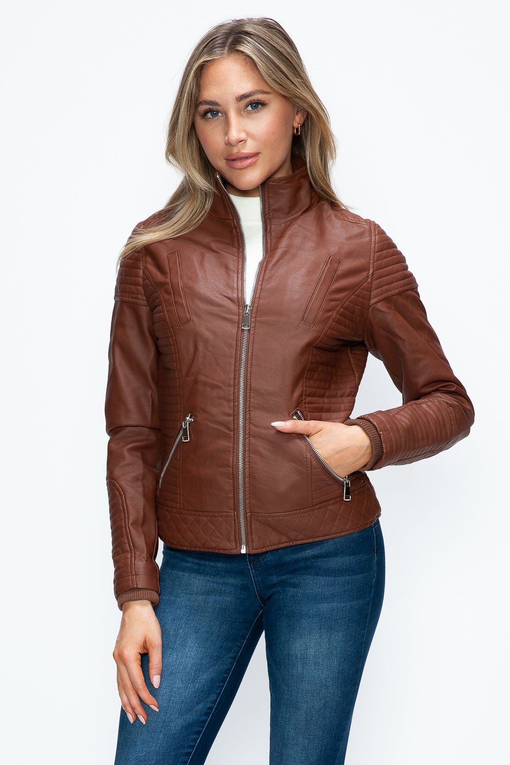 YMI - Layered Look Vegan Leather Jacket in Brandy