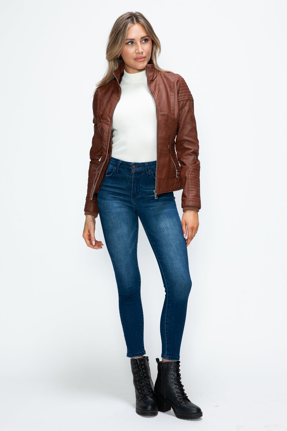 YMI - Layered Look Vegan Leather Jacket in Brandy