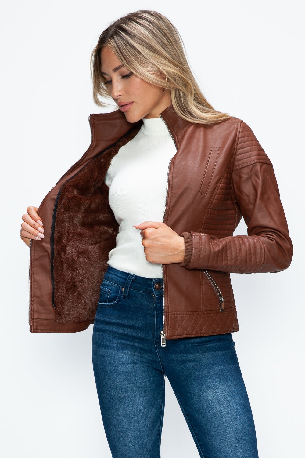 YMI - Layered Look Vegan Leather Jacket in Brandy