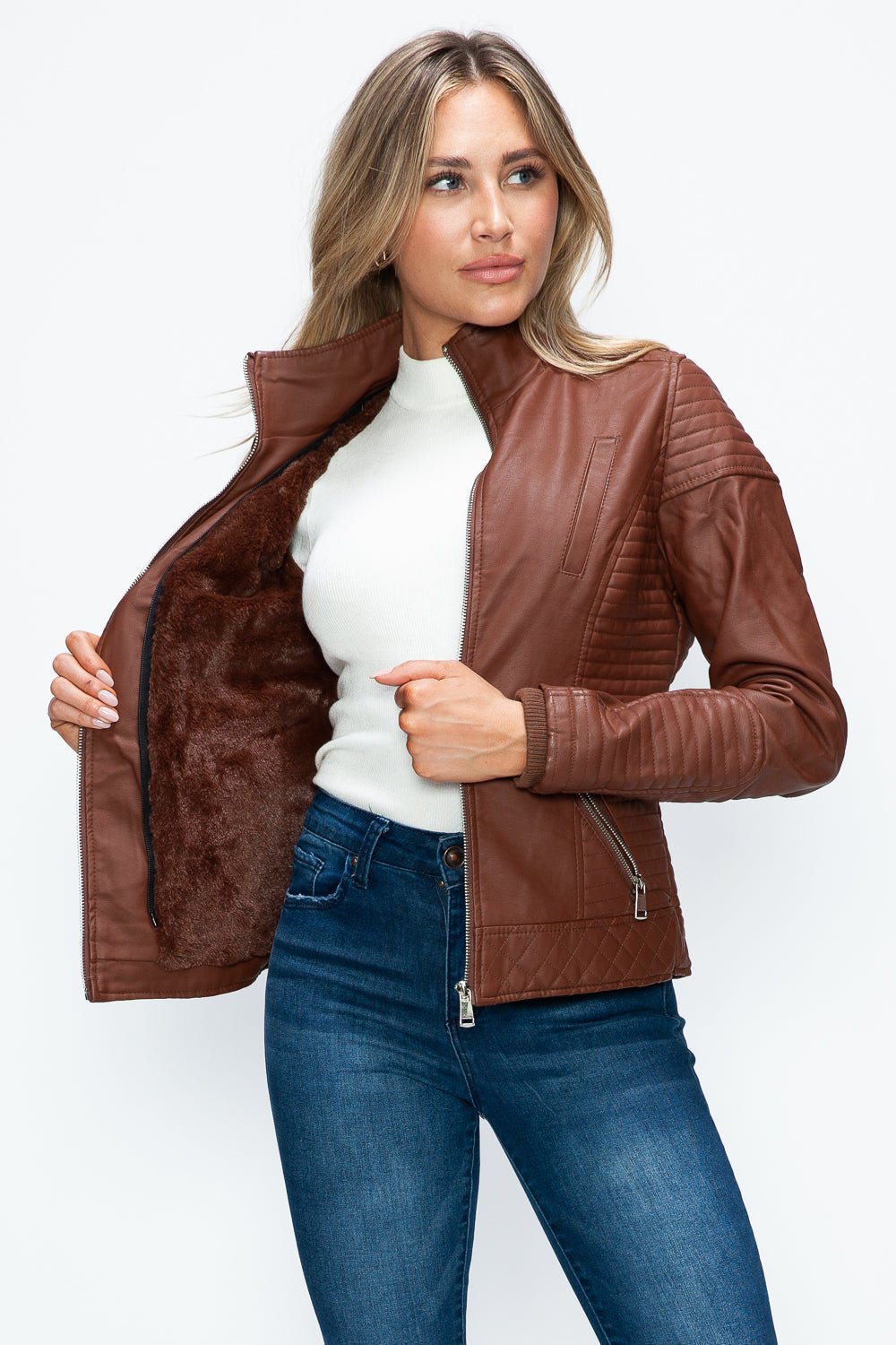 YMI - Layered Look Vegan Leather Jacket in Brandy