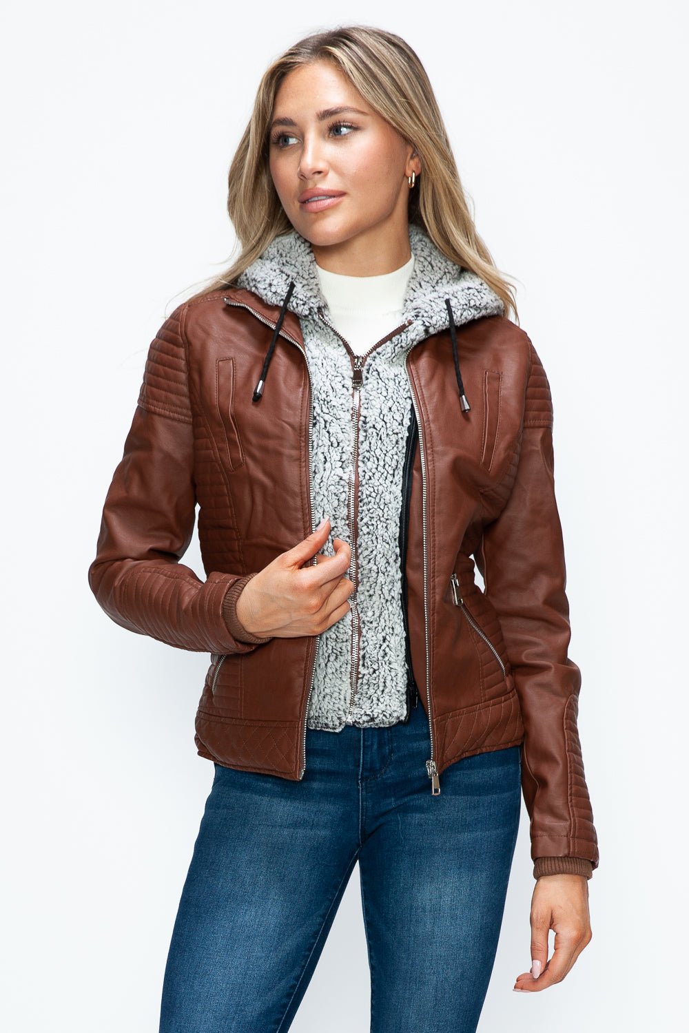 YMI - Layered Look Vegan Leather Jacket in Brandy