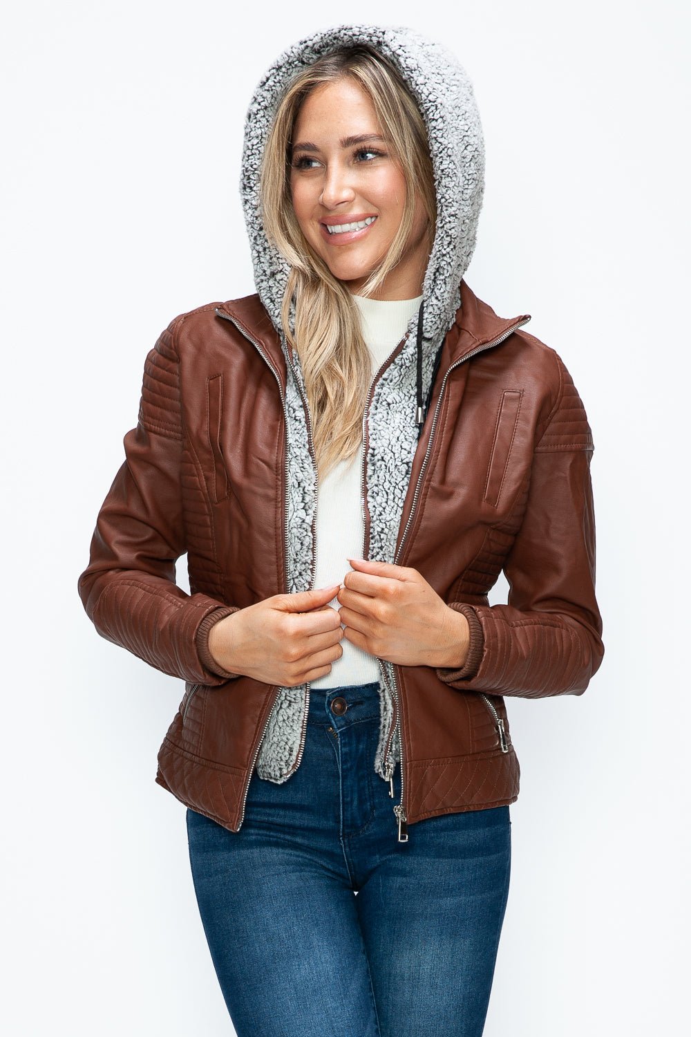 YMI - Layered Look Vegan Leather Jacket in Brandy