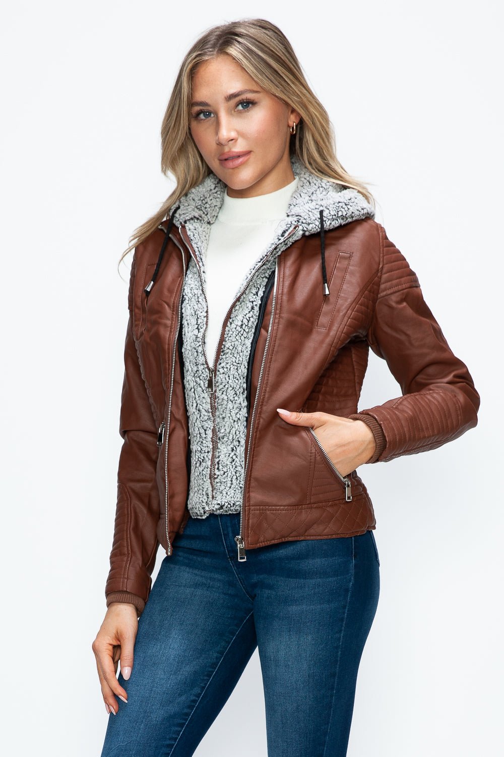 YMI - Layered Look Vegan Leather Jacket in Brandy