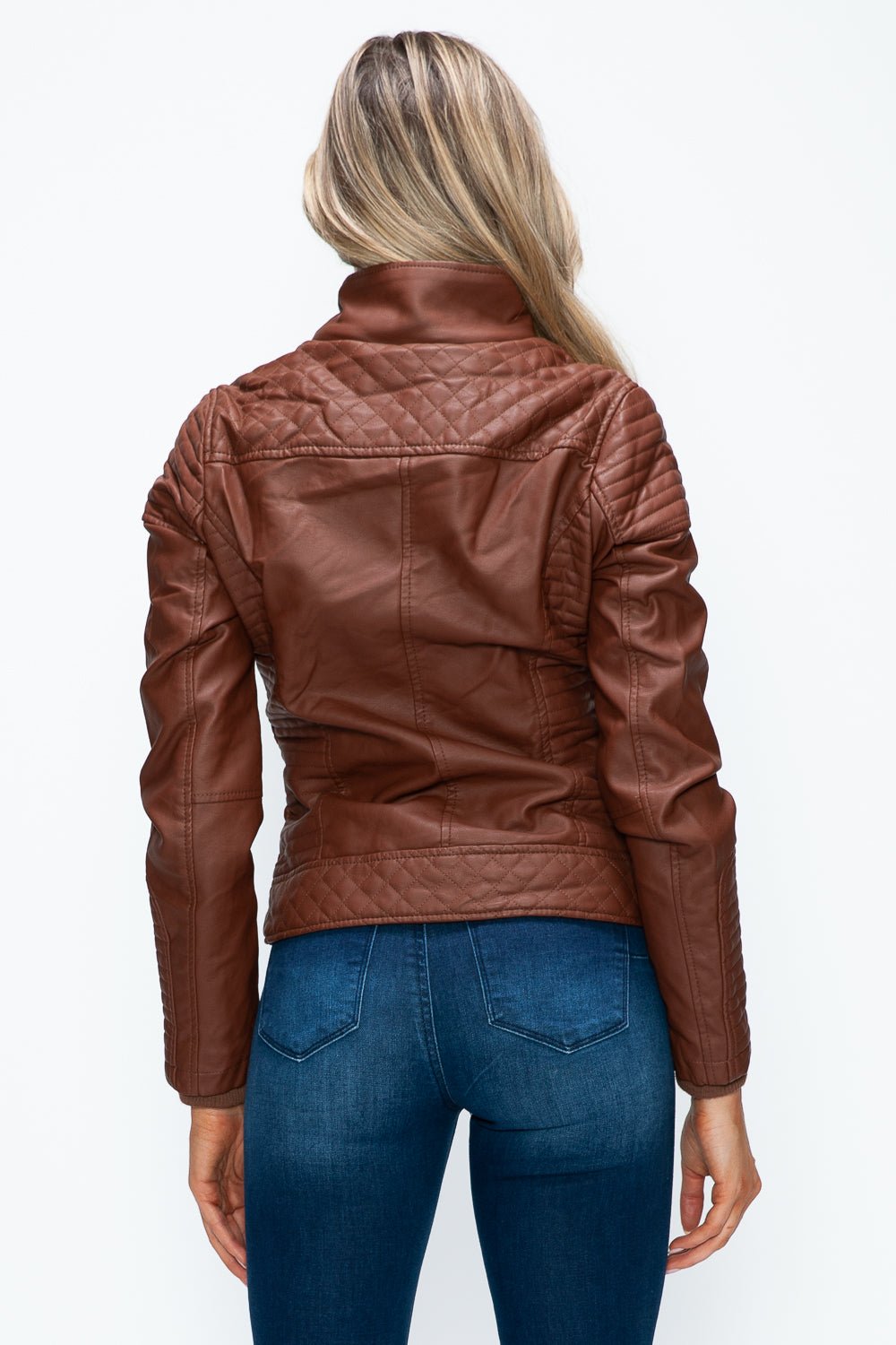 YMI - Layered Look Vegan Leather Jacket in Brandy