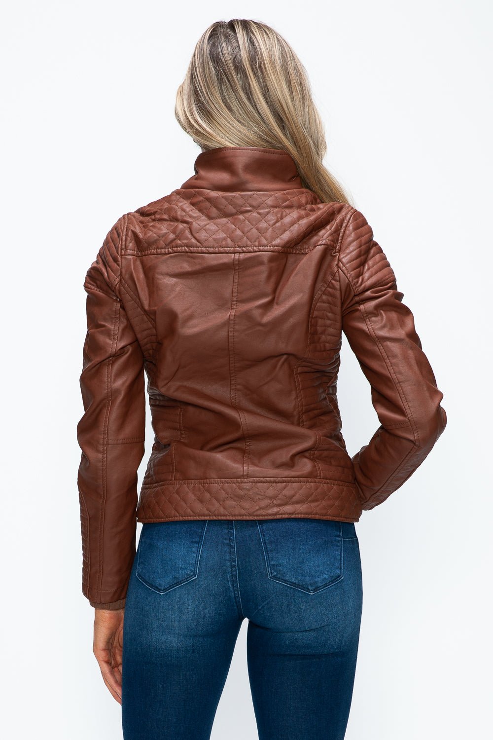 YMI - Layered Look Vegan Leather Jacket in Brandy