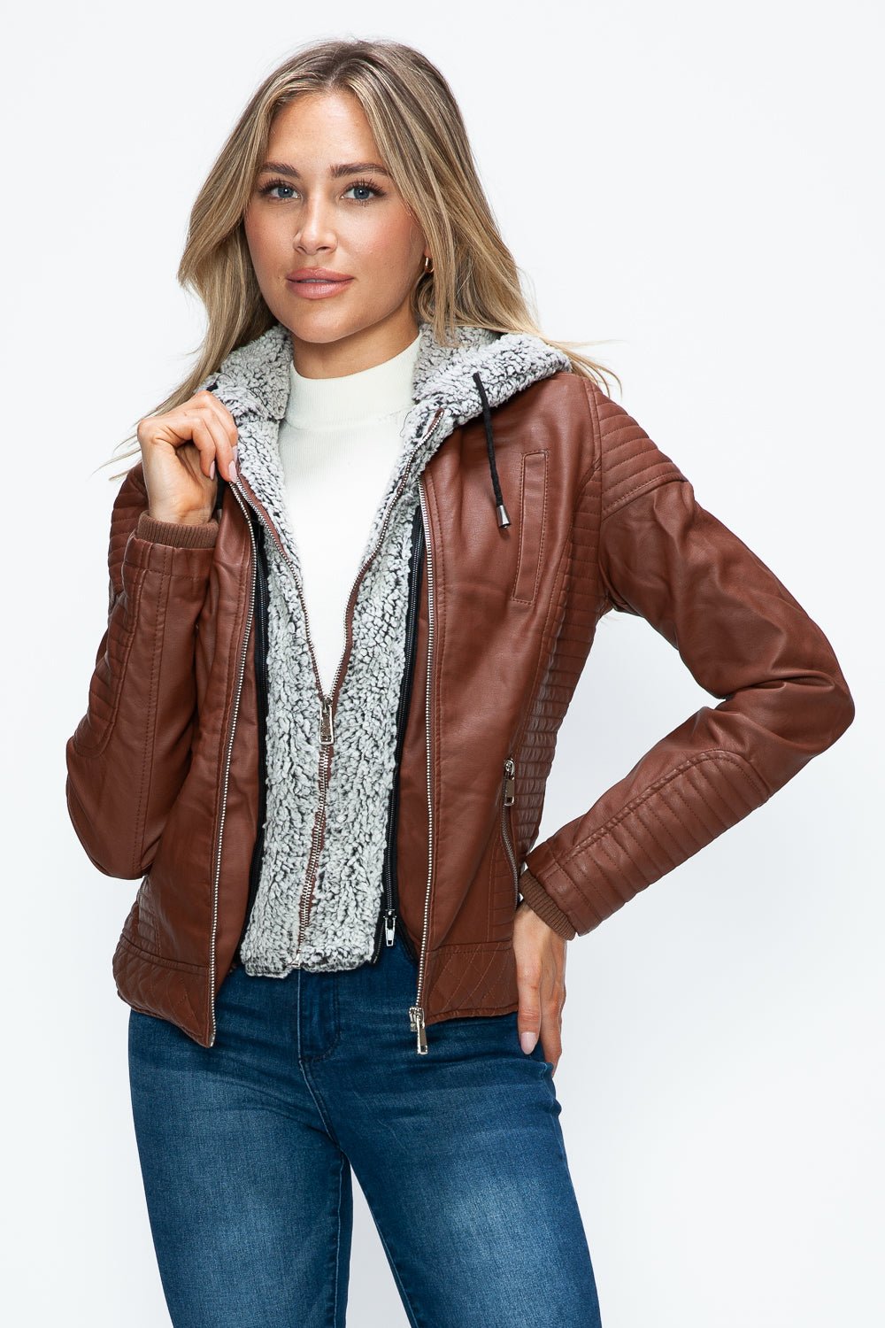 YMI - Layered Look Vegan Leather Jacket in Brandy