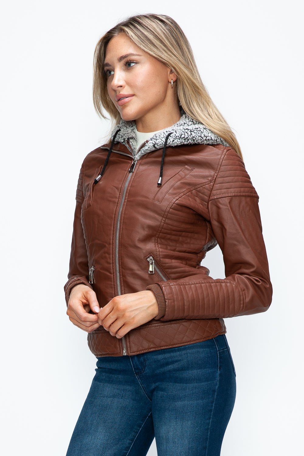 YMI - Layered Look Vegan Leather Jacket in Brandy