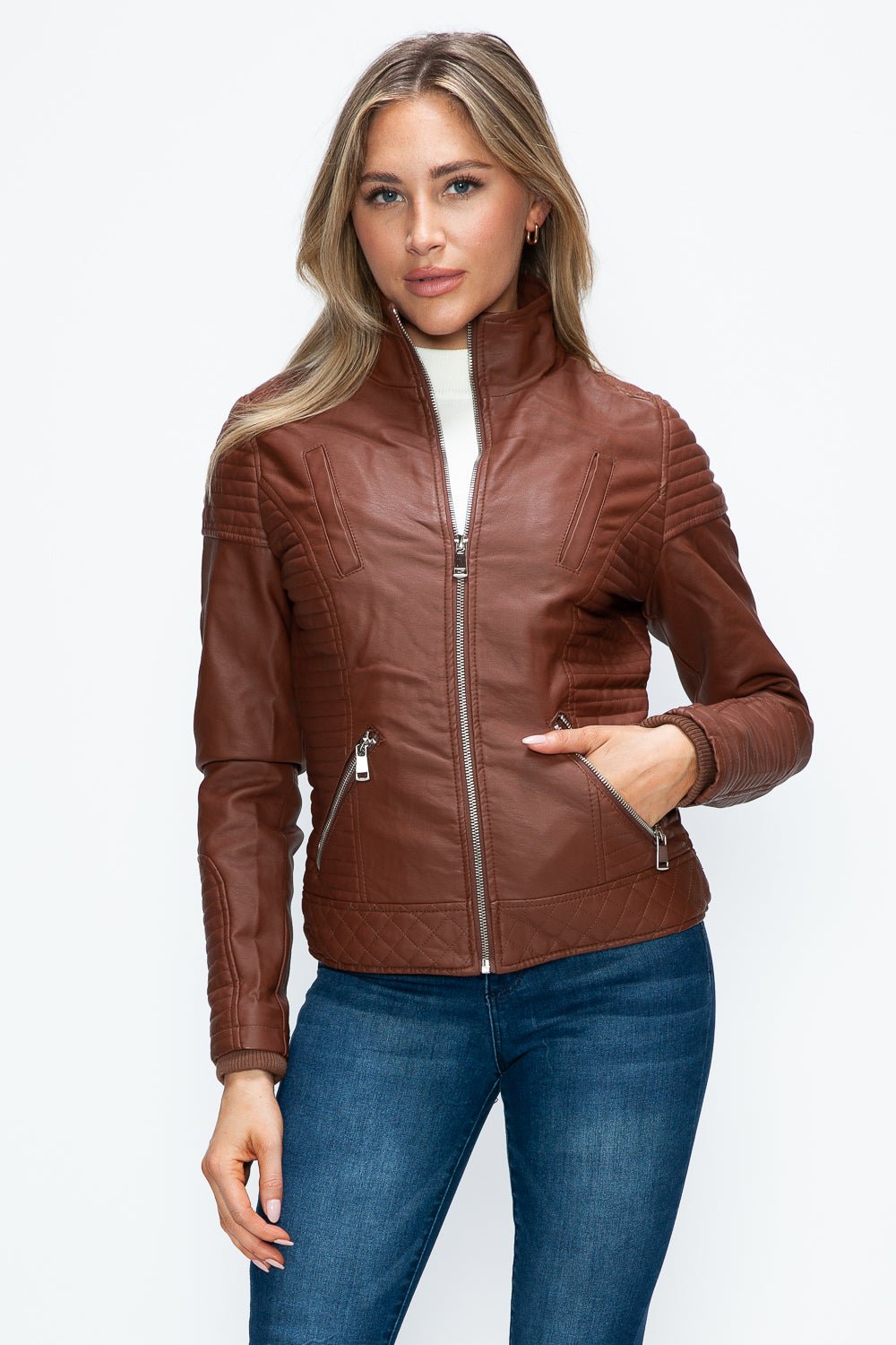 YMI - Layered Look Vegan Leather Jacket in Brandy