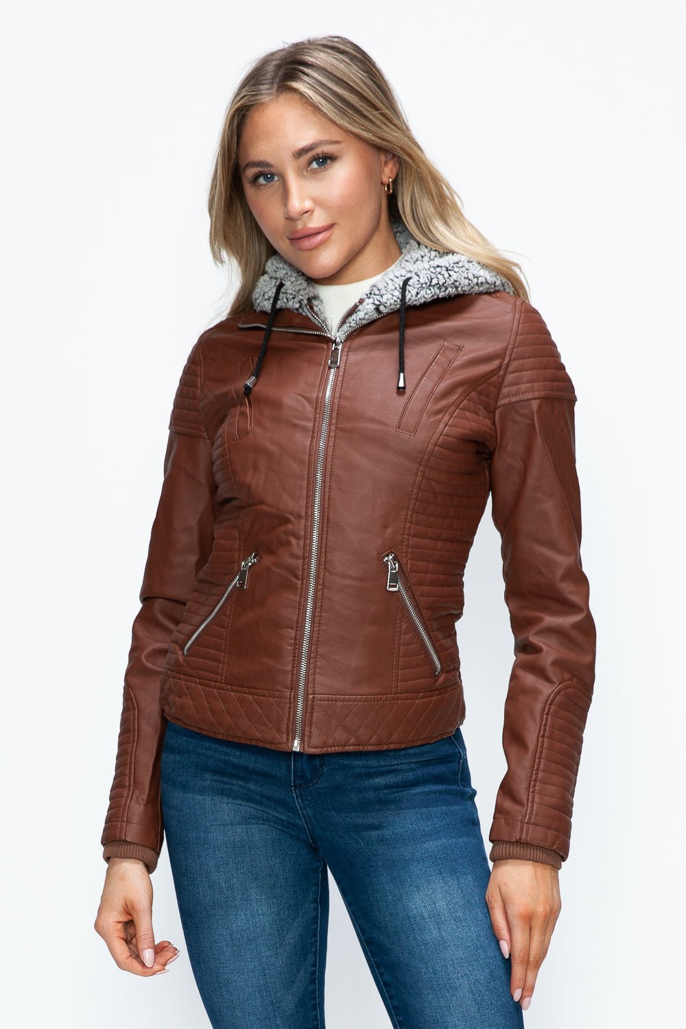 YMI - Layered Look Vegan Leather Jacket in Brandy