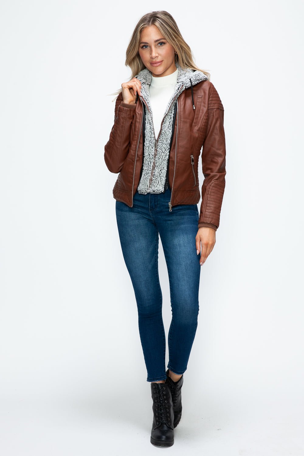 YMI - Layered Look Vegan Leather Jacket in Brandy