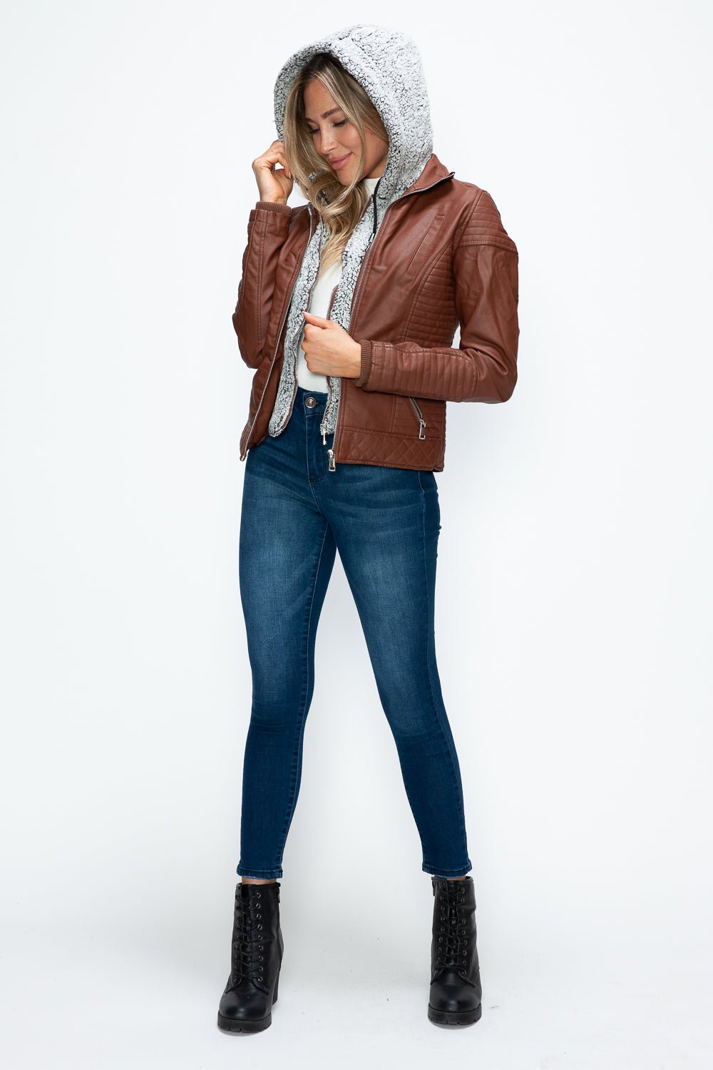 YMI - Layered Look Vegan Leather Jacket in Brandy