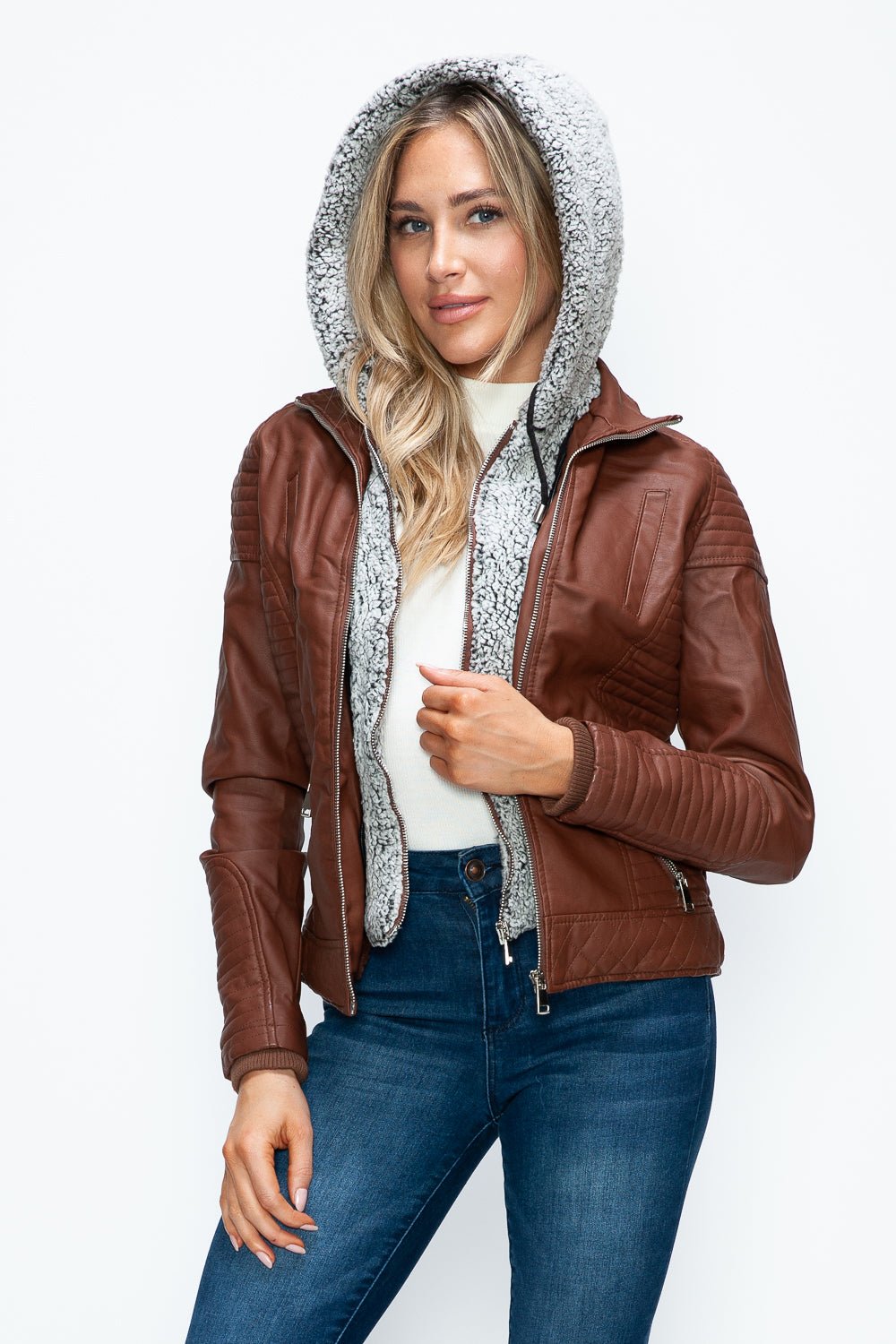 YMI - Layered Look Vegan Leather Jacket in Brandy