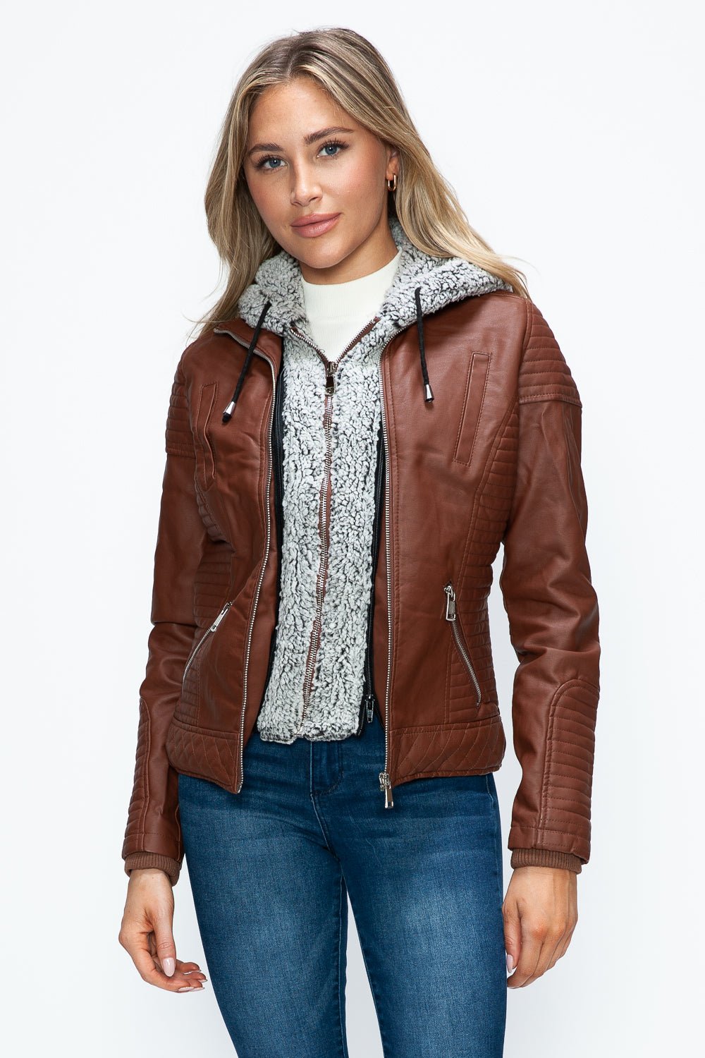 YMI - Layered Look Vegan Leather Jacket in Brandy