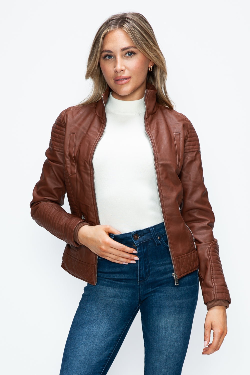 YMI - Layered Look Vegan Leather Jacket in Brandy