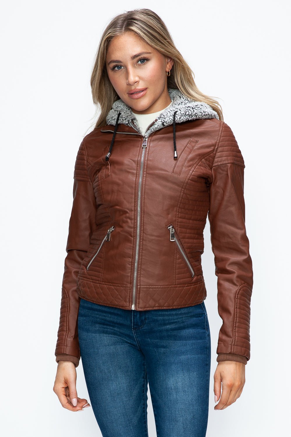 YMI - Layered Look Vegan Leather Jacket in Brandy