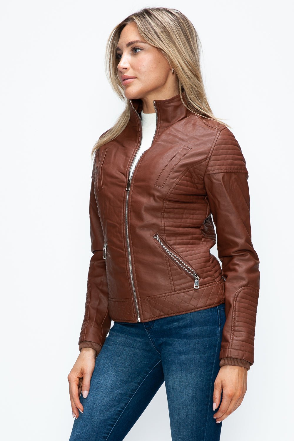 YMI - Layered Look Vegan Leather Jacket in Brandy