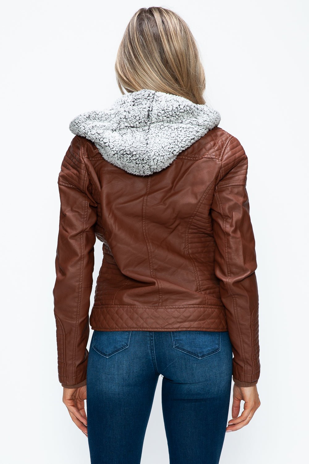 YMI - Layered Look Vegan Leather Jacket in Brandy