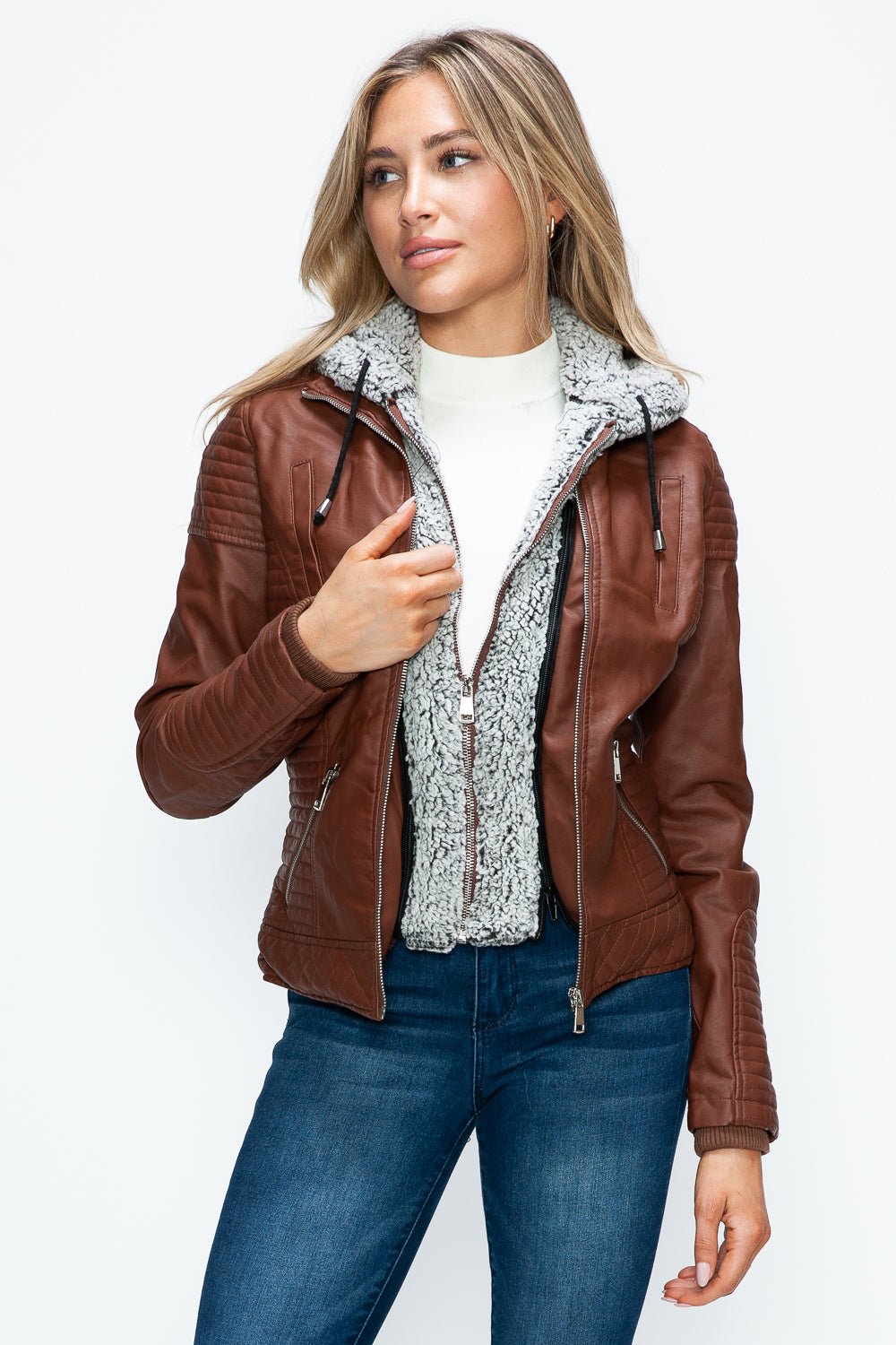 YMI - Layered Look Vegan Leather Jacket in Brandy