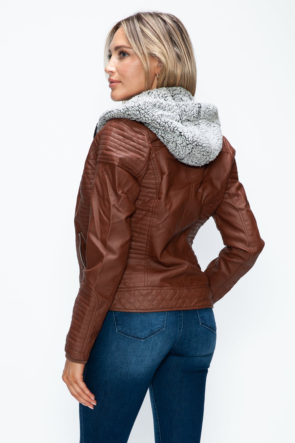 YMI - Layered Look Vegan Leather Jacket in Brandy