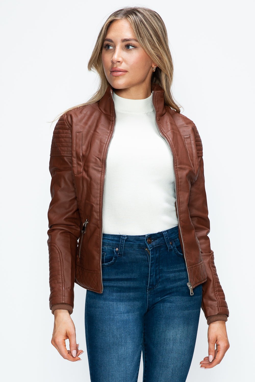 YMI - Layered Look Vegan Leather Jacket in Brandy