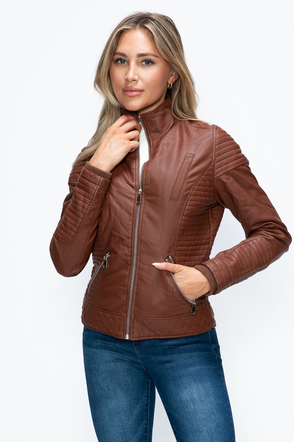 YMI - Layered Look Vegan Leather Jacket in Brandy