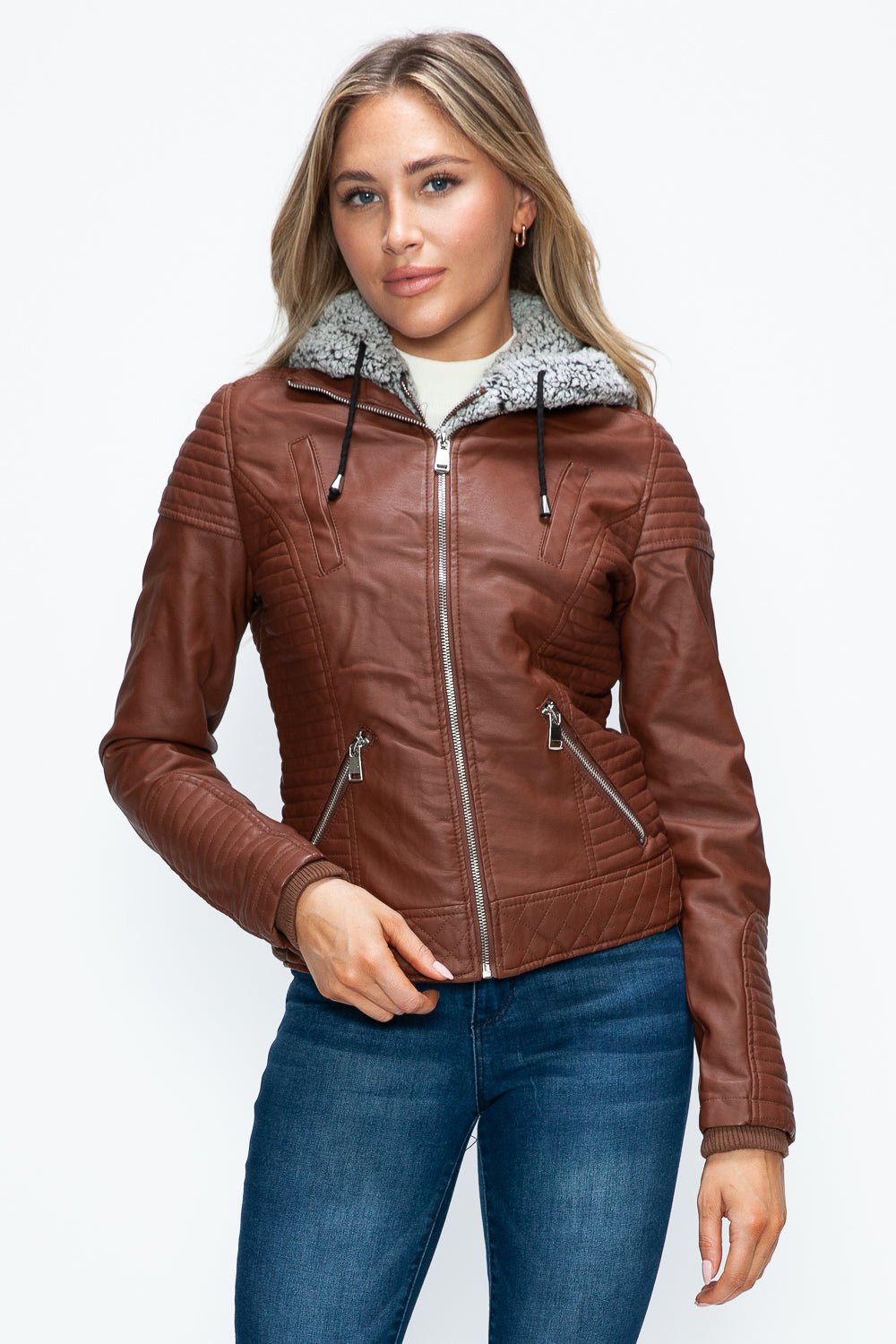 YMI - Layered Look Vegan Leather Jacket in Brandy