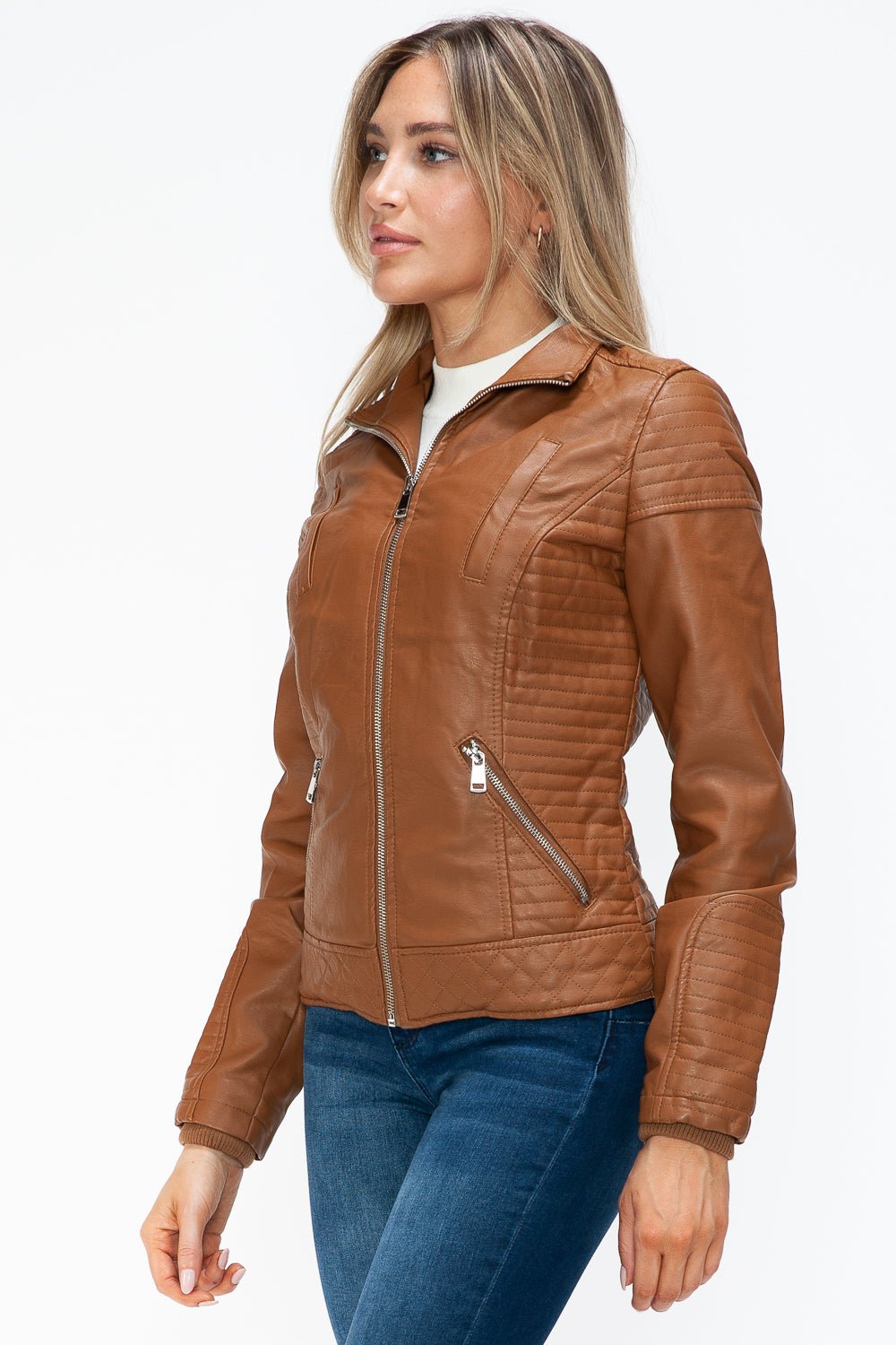 YMI - Layered Look Vegan Leather Jacket in Camel