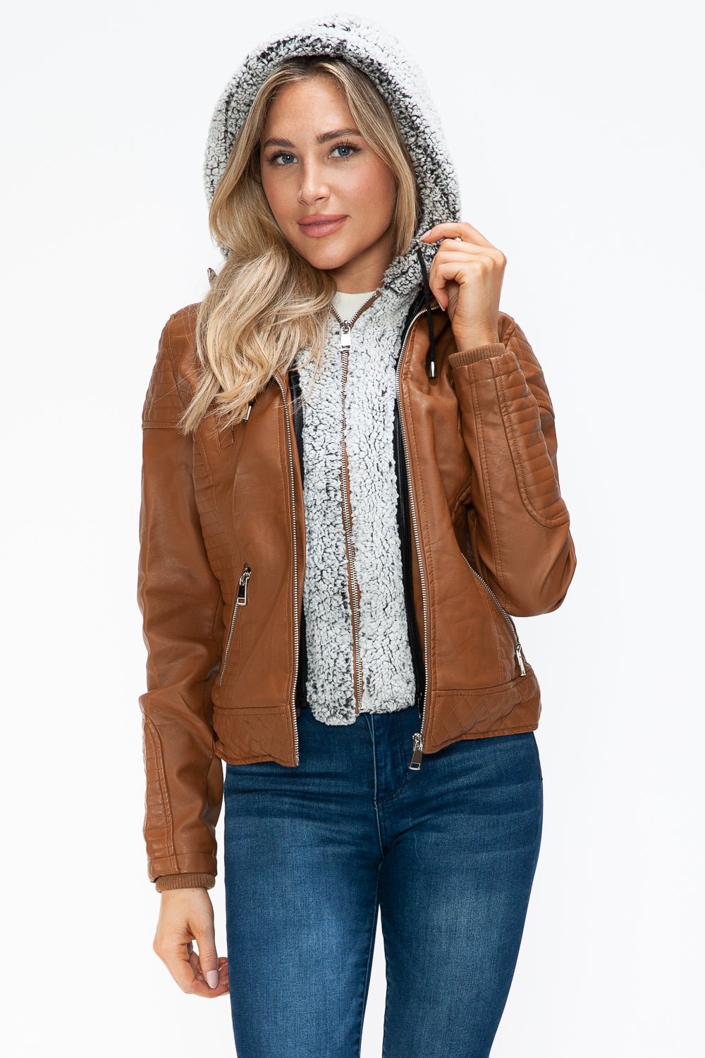 YMI - Layered Look Vegan Leather Jacket in Camel