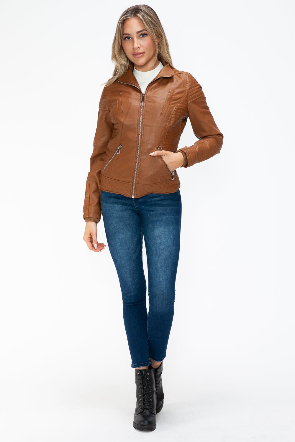 YMI - Layered Look Vegan Leather Jacket in Camel