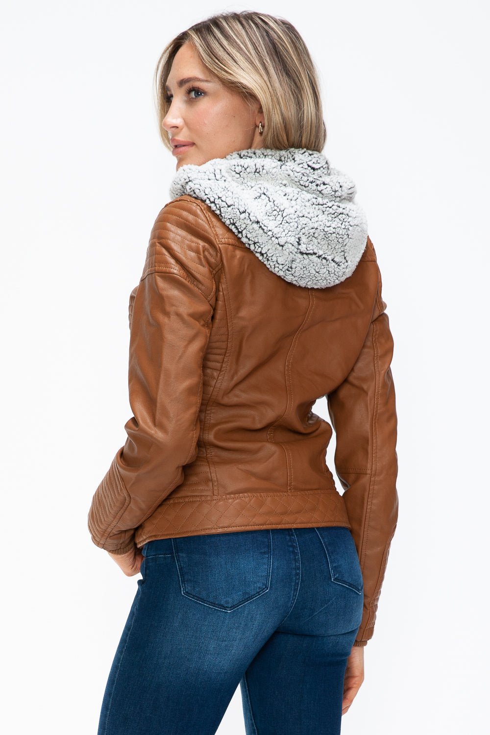 YMI - Layered Look Vegan Leather Jacket in Camel