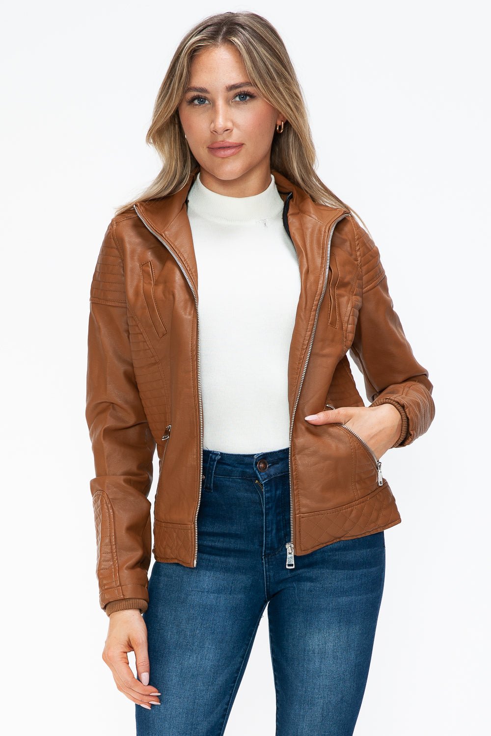 YMI - Layered Look Vegan Leather Jacket in Camel