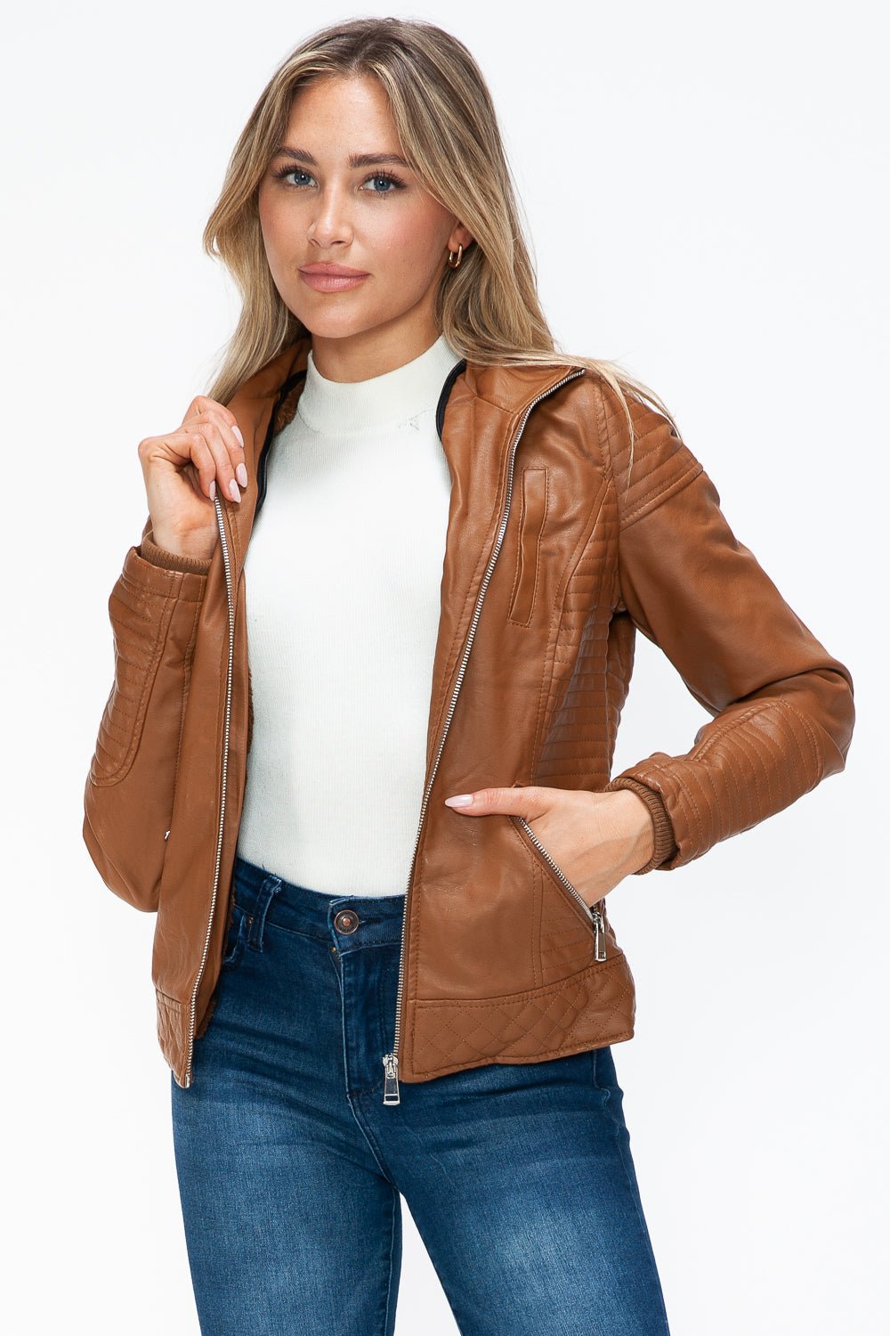 YMI - Layered Look Vegan Leather Jacket in Camel