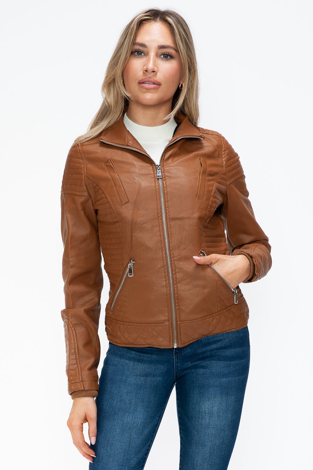 YMI - Layered Look Vegan Leather Jacket in Camel