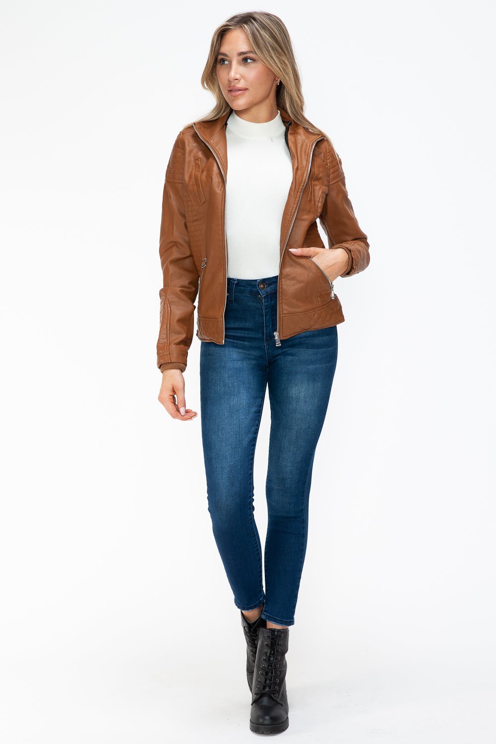 YMI - Layered Look Vegan Leather Jacket in Camel