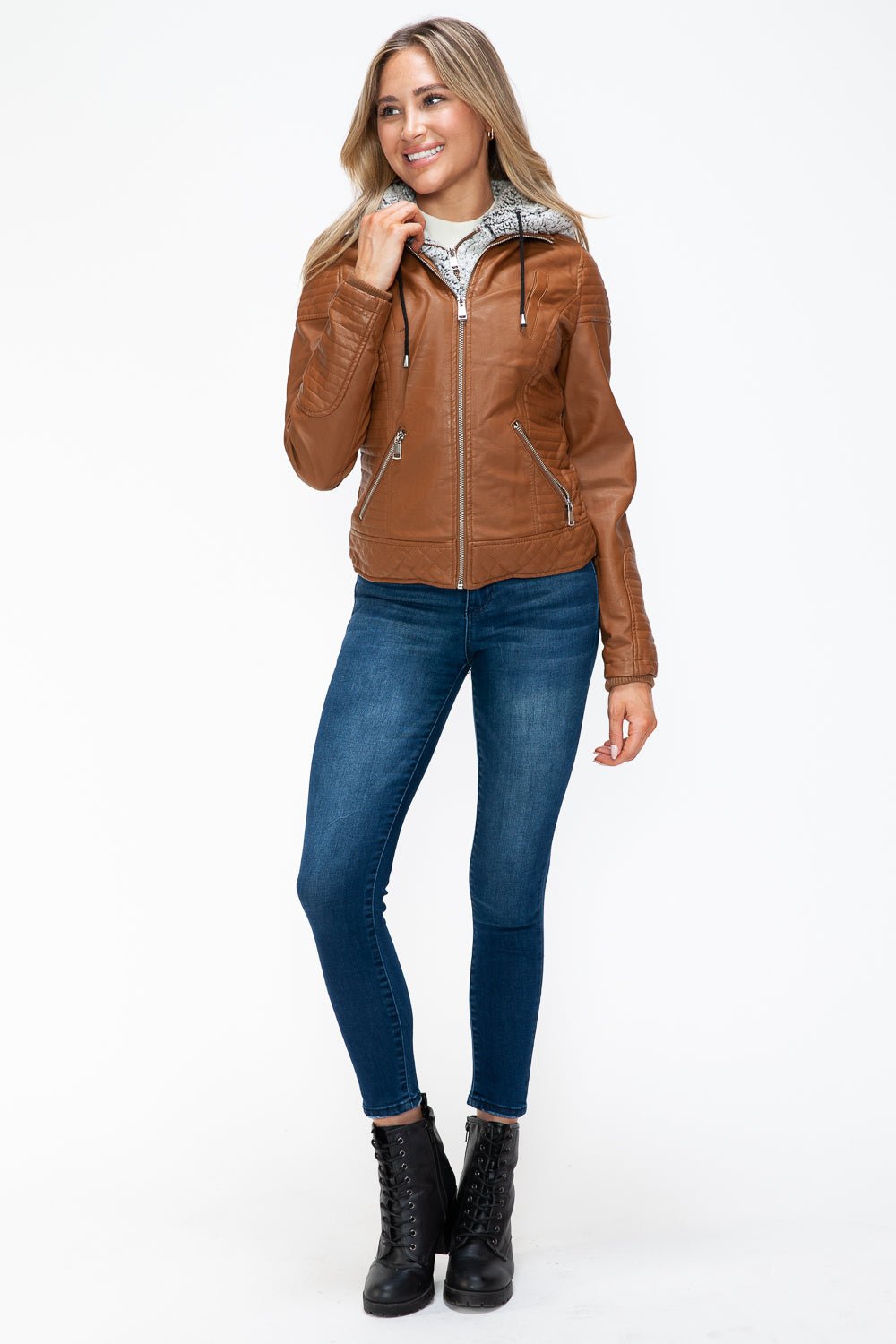 YMI - Layered Look Vegan Leather Jacket in Camel