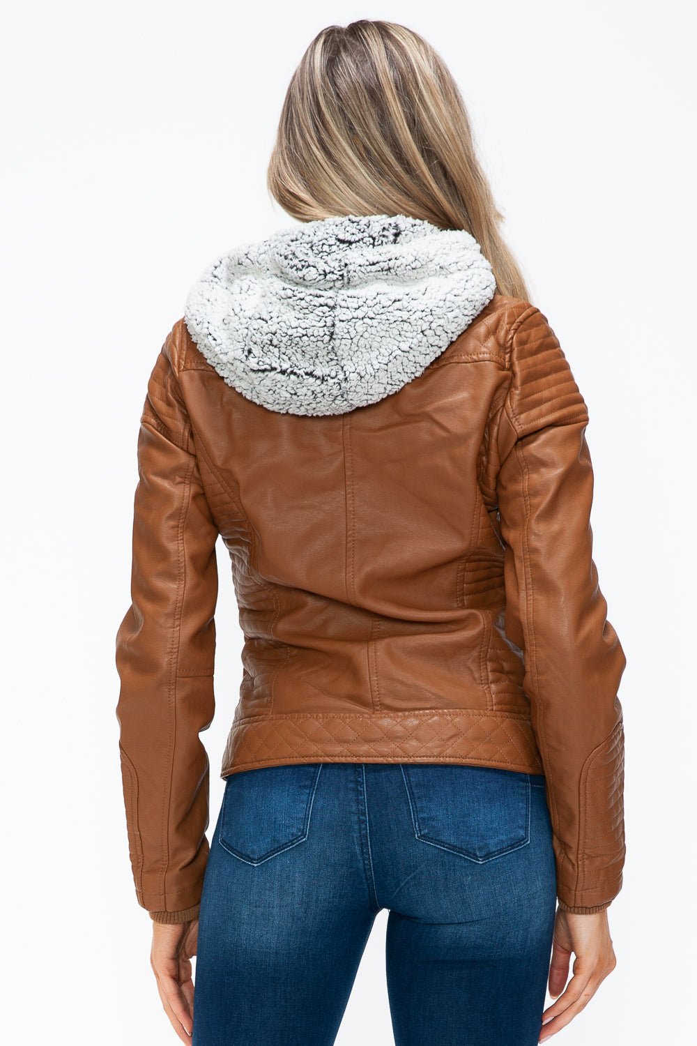 YMI - Layered Look Vegan Leather Jacket in Camel