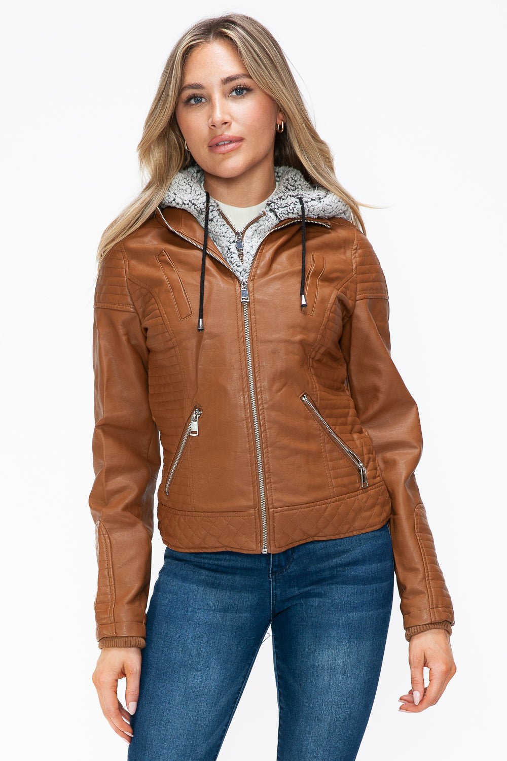 YMI - Layered Look Vegan Leather Jacket in Camel