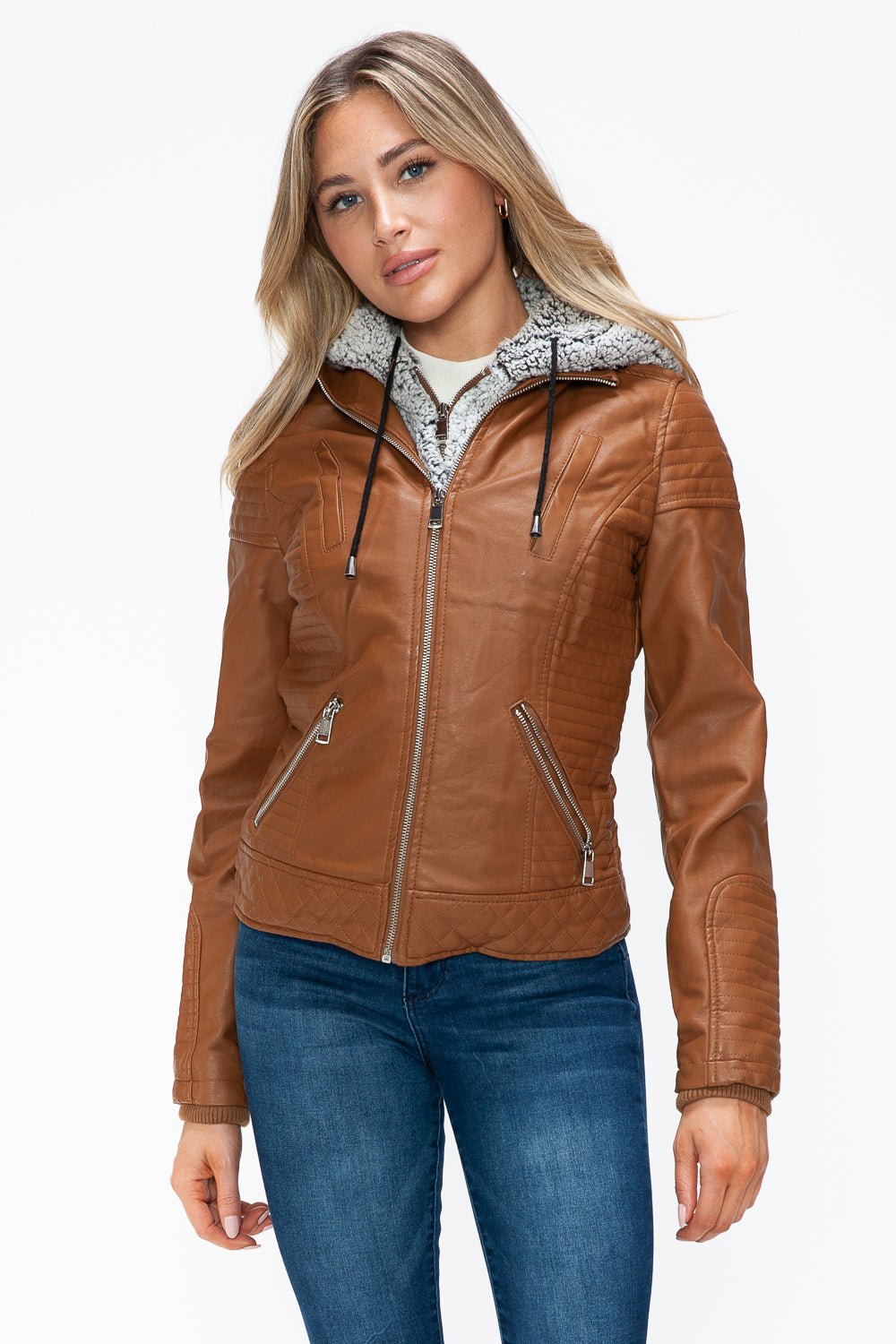 YMI - Layered Look Vegan Leather Jacket in Camel