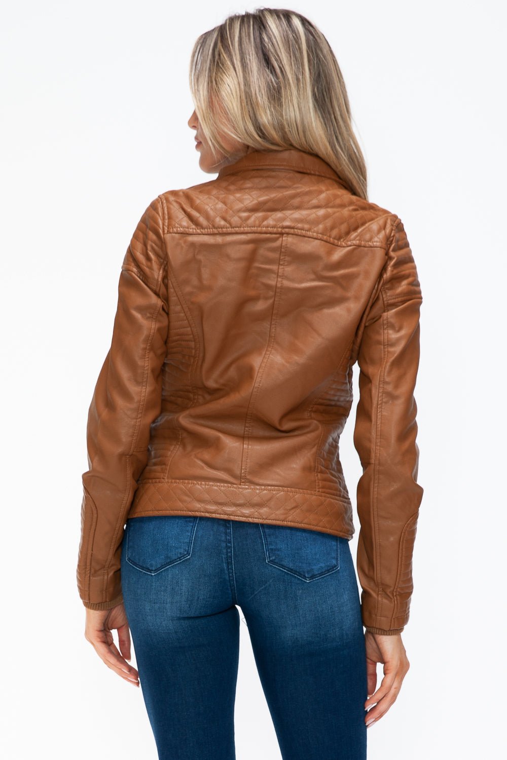 YMI - Layered Look Vegan Leather Jacket in Camel