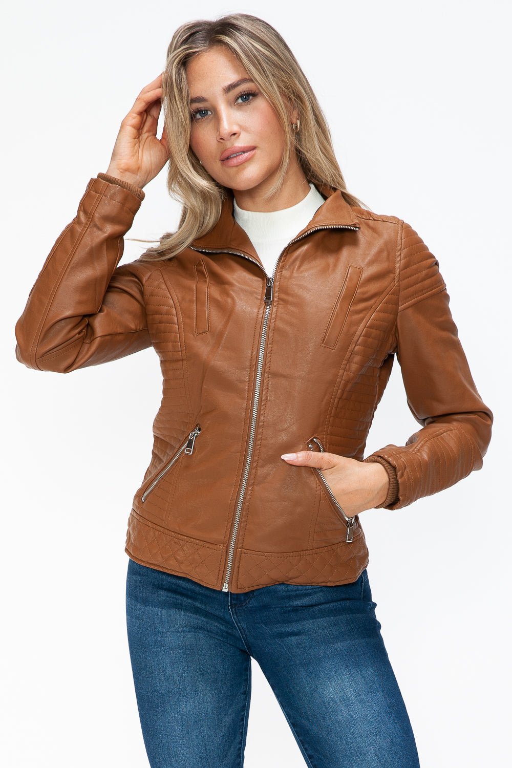 YMI - Layered Look Vegan Leather Jacket in Camel