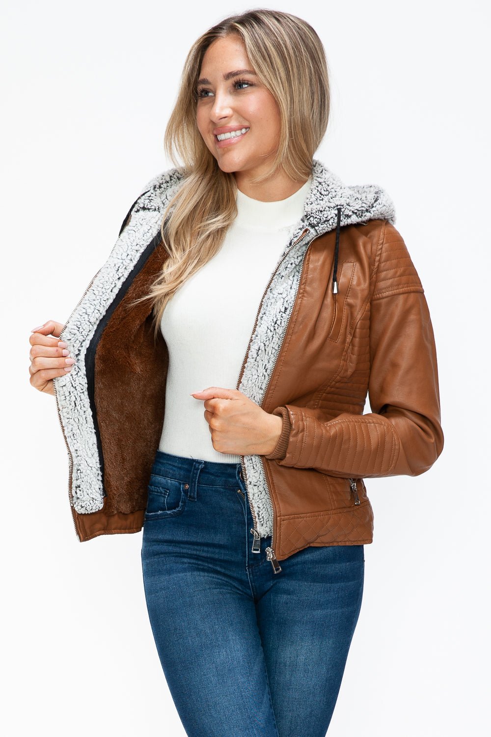 YMI - Layered Look Vegan Leather Jacket in Camel