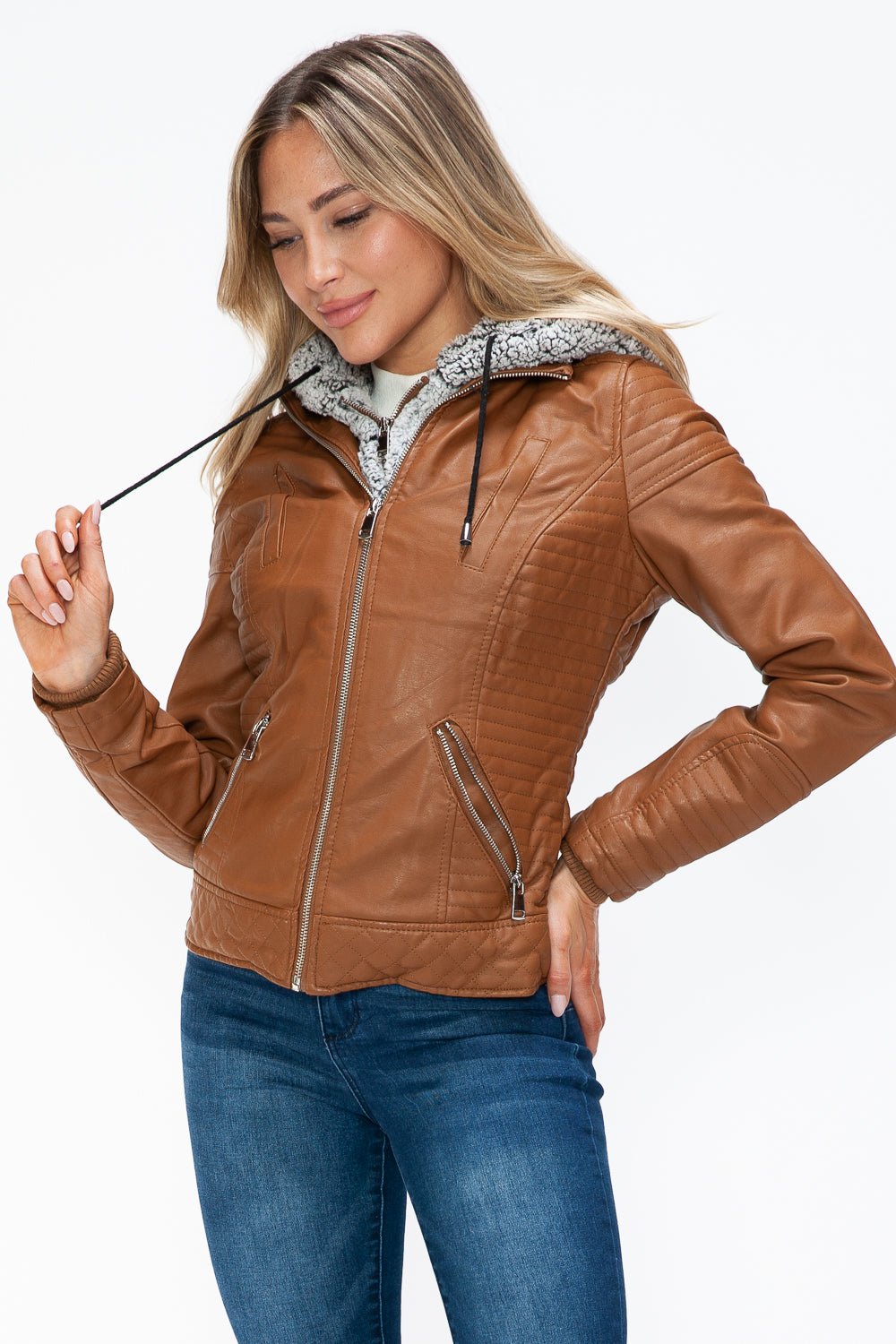 YMI - Layered Look Vegan Leather Jacket in Camel