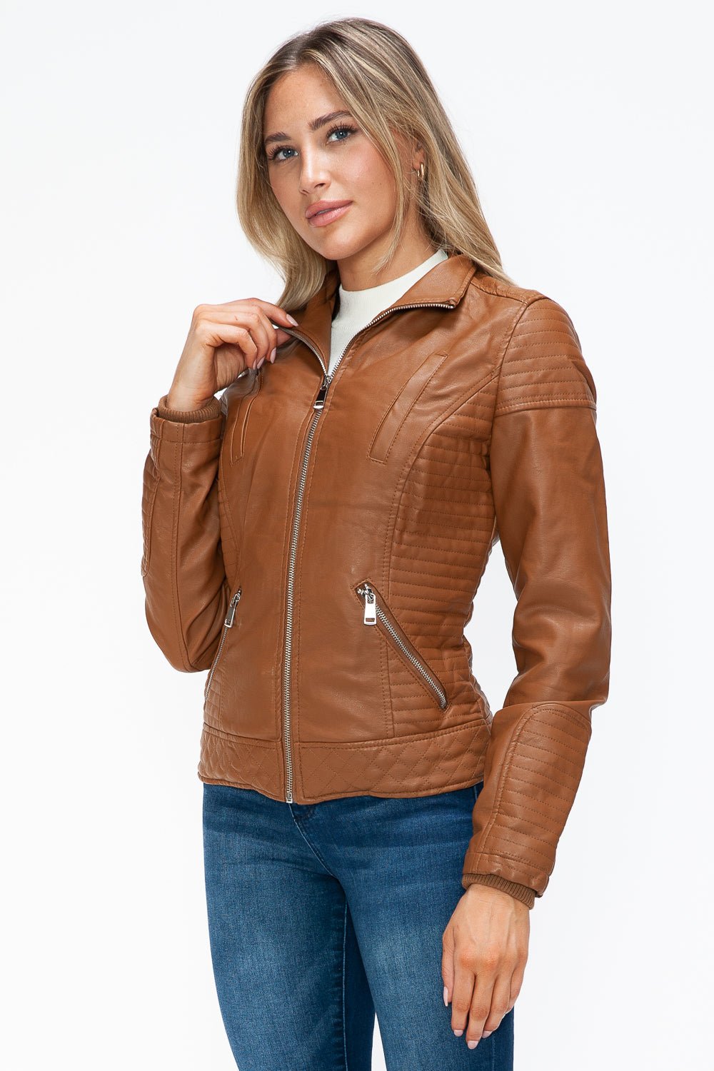 YMI - Layered Look Vegan Leather Jacket in Camel