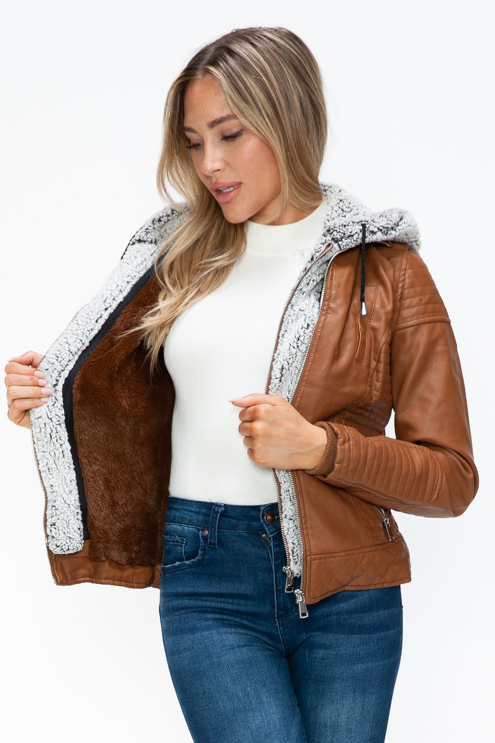 YMI - Layered Look Vegan Leather Jacket in Camel