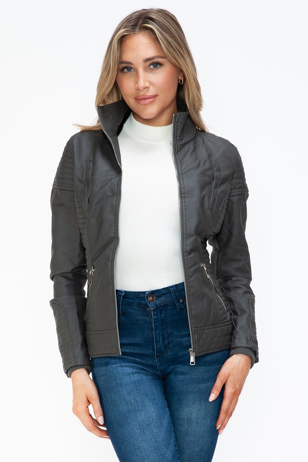 YMI - Layered Look Vegan Leather Jacket in Charcoal