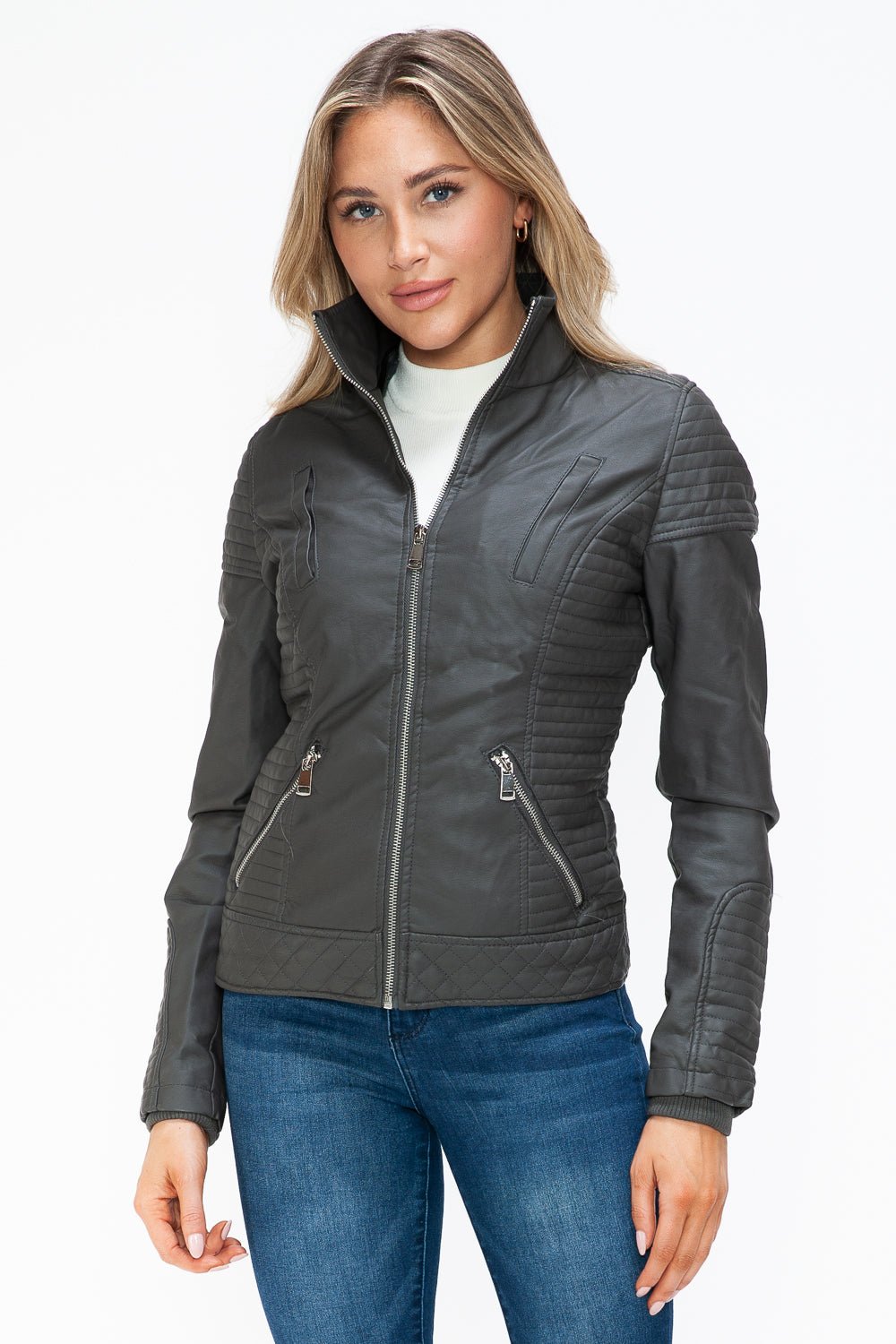 YMI - Layered Look Vegan Leather Jacket in Charcoal