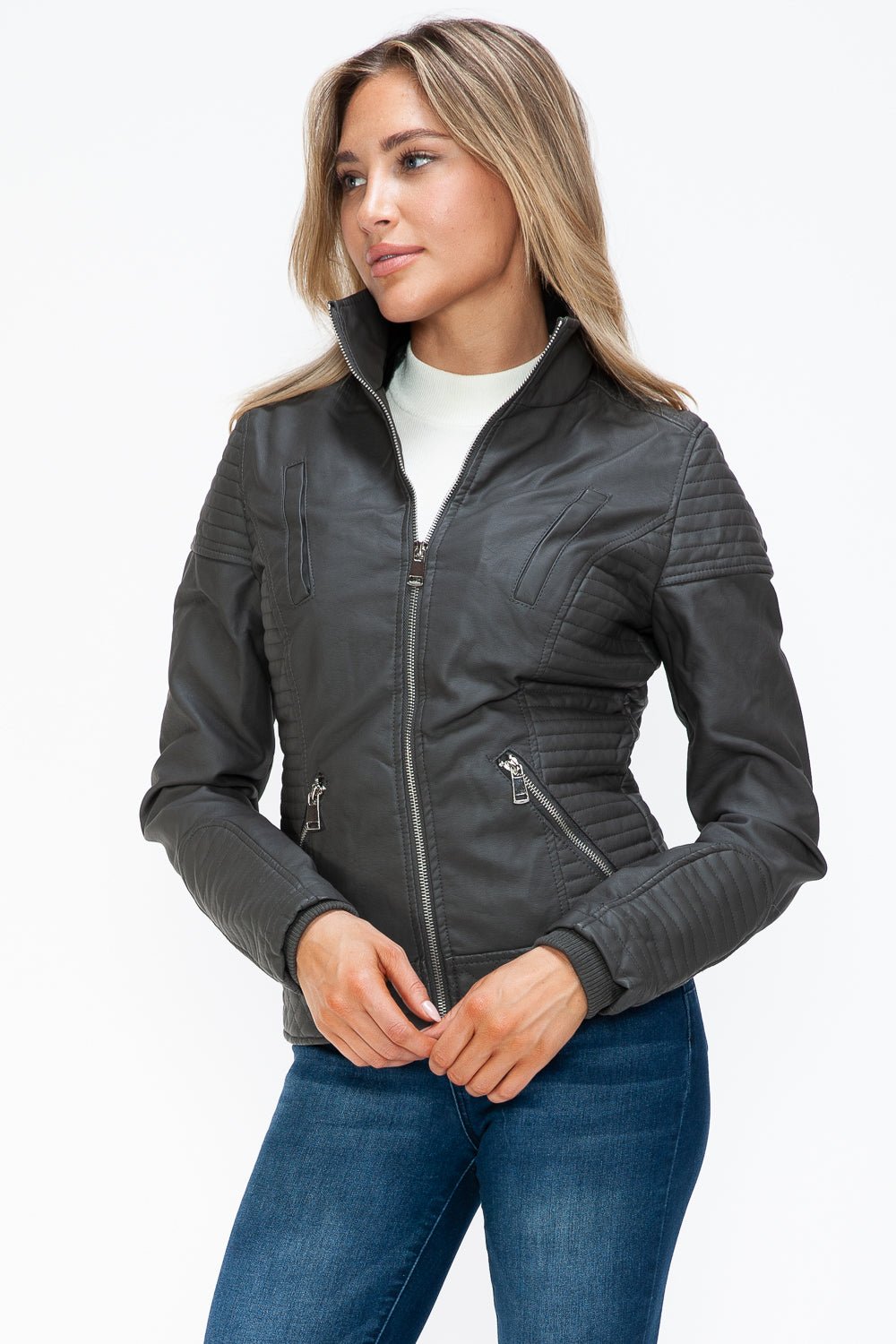 YMI - Layered Look Vegan Leather Jacket in Charcoal