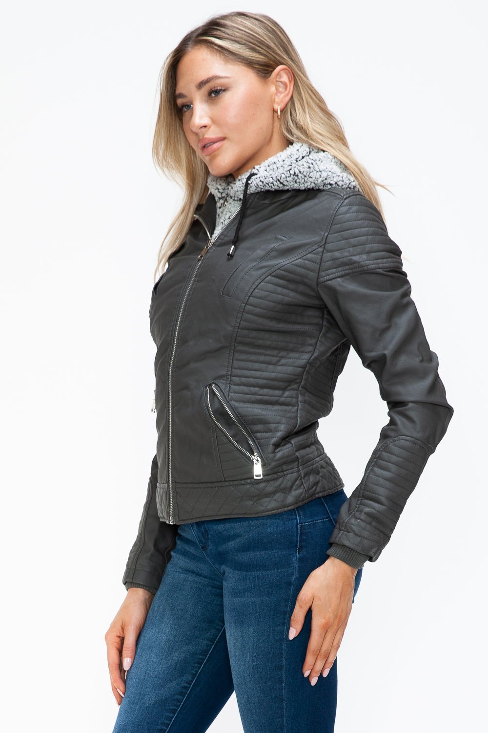 YMI - Layered Look Vegan Leather Jacket in Charcoal