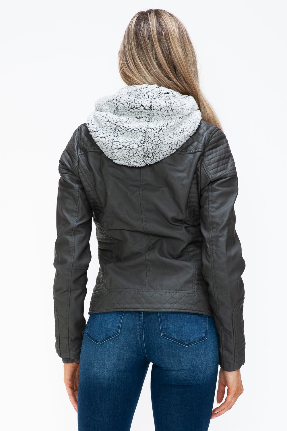 YMI - Layered Look Vegan Leather Jacket in Charcoal