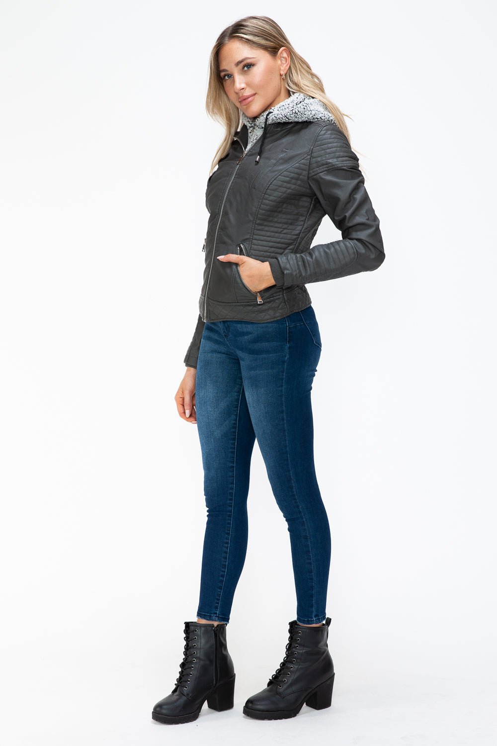 YMI - Layered Look Vegan Leather Jacket in Charcoal